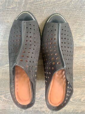 Rebecca Minkoff Black Perforated Platform Slip-On Mules with Gold Trim